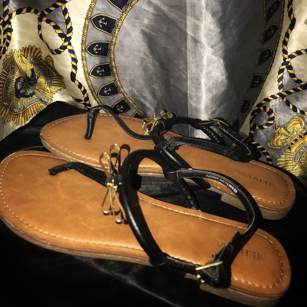 Black sandals , summer shoes ( gold bow )